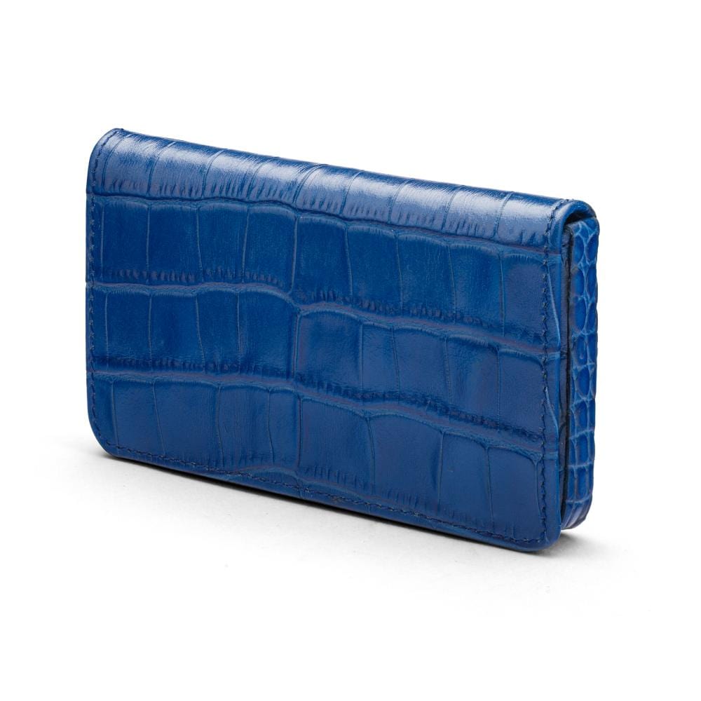 Leather business card holder with magnetic closure, blue croc, side