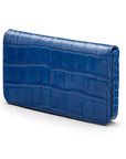 Leather business card holder with magnetic closure, blue croc, side