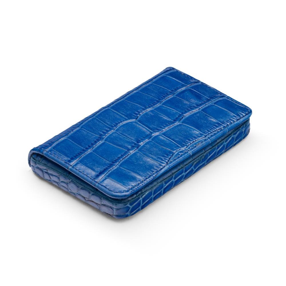 Leather business card holder with magnetic closure, blue croc, front