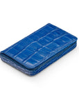 Leather business card holder with magnetic closure, blue croc, front