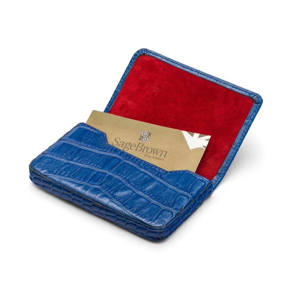 Leather business card holder with magnetic closure, blue croc, inside