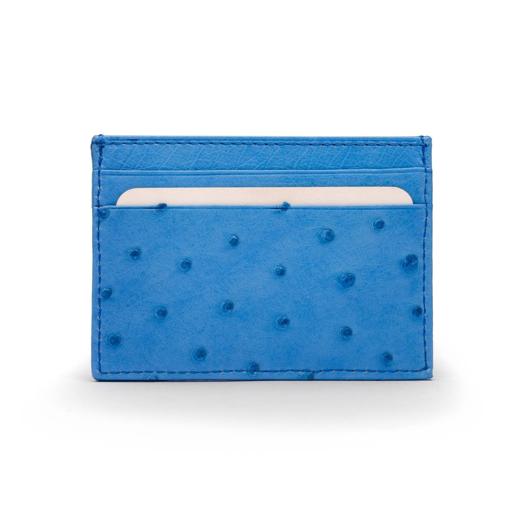 Flat ostrich leather credit card case, blue ostrich leather, front