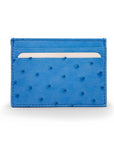 Flat ostrich leather credit card case, blue ostrich leather, front