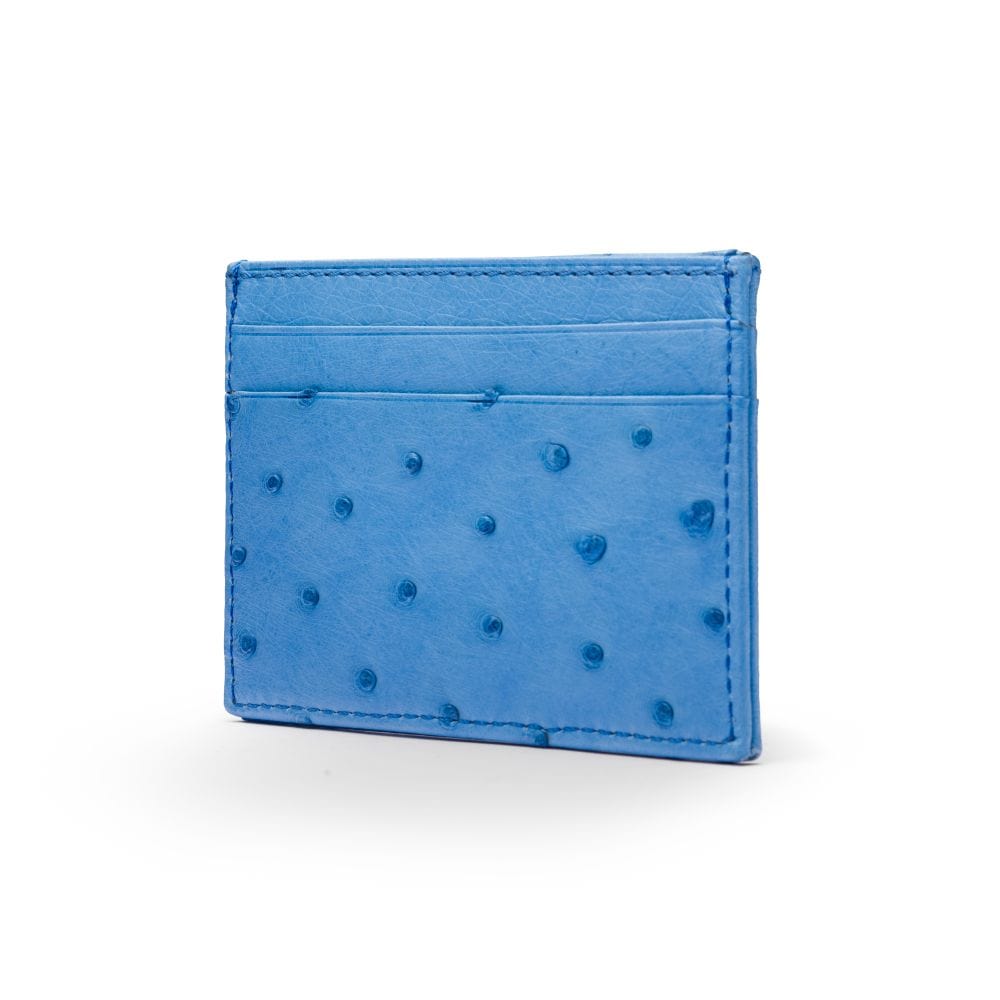 Flat ostrich leather credit card case, blue ostrich leather, side
