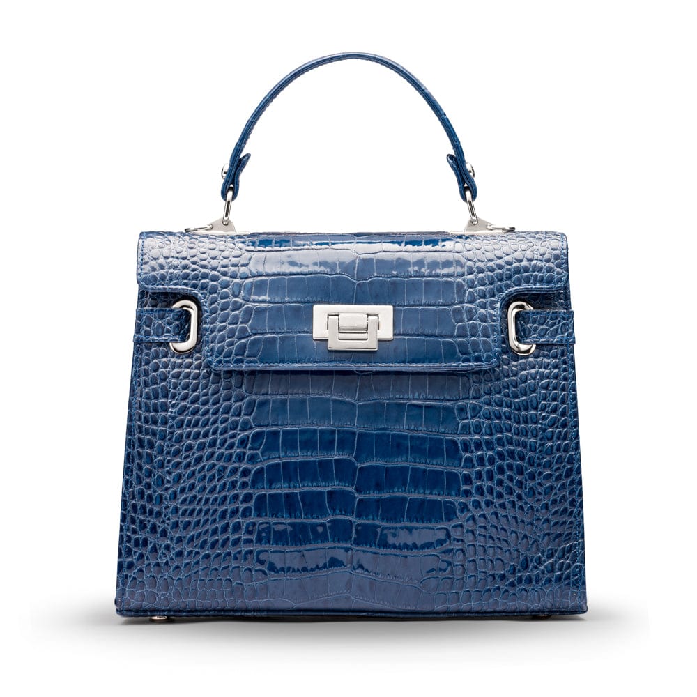 Leather Catherine top handle bag, blue patent croc, front