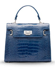 Leather Catherine top handle bag, blue patent croc, front