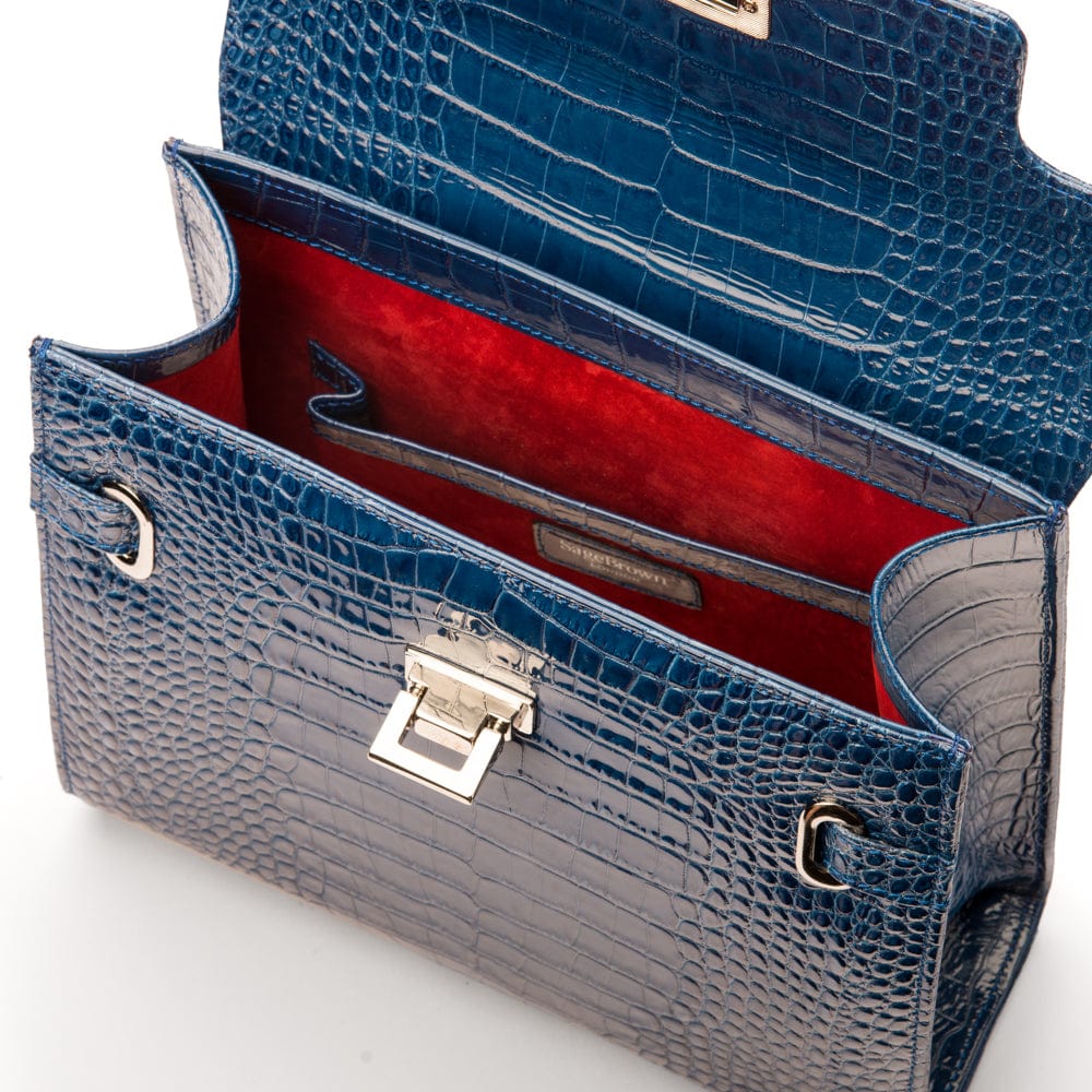 Leather Catherine top handle bag, blue patent croc, inside