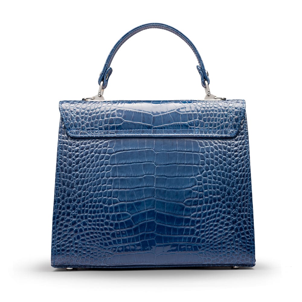 Leather Catherine top handle bag, blue patent croc, back