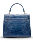 Leather Catherine top handle bag, blue patent croc, back