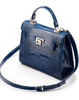 Leather Catherine top handle bag, blue patent croc, side