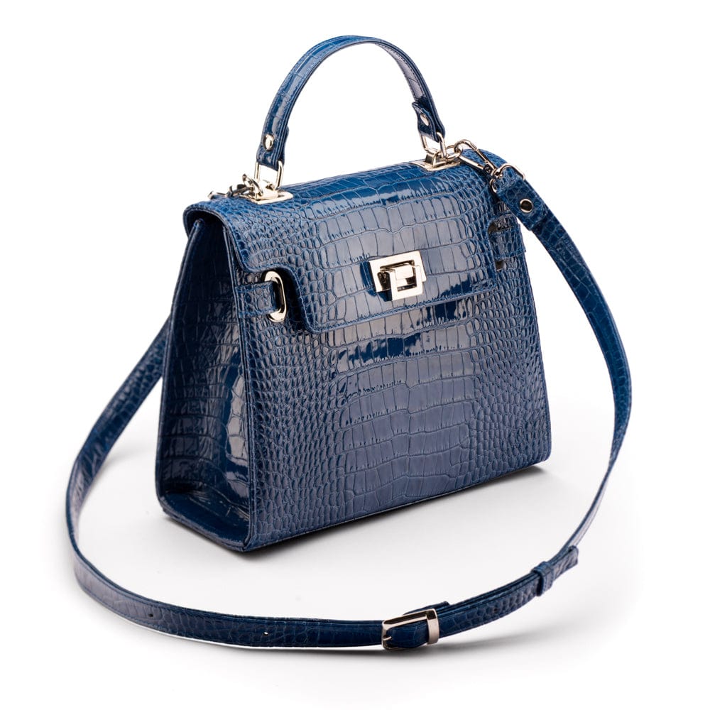 Leather Catherine top handle bag, blue patent croc, with shoulder strap