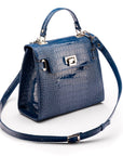 Leather Catherine top handle bag, blue patent croc, with shoulder strap