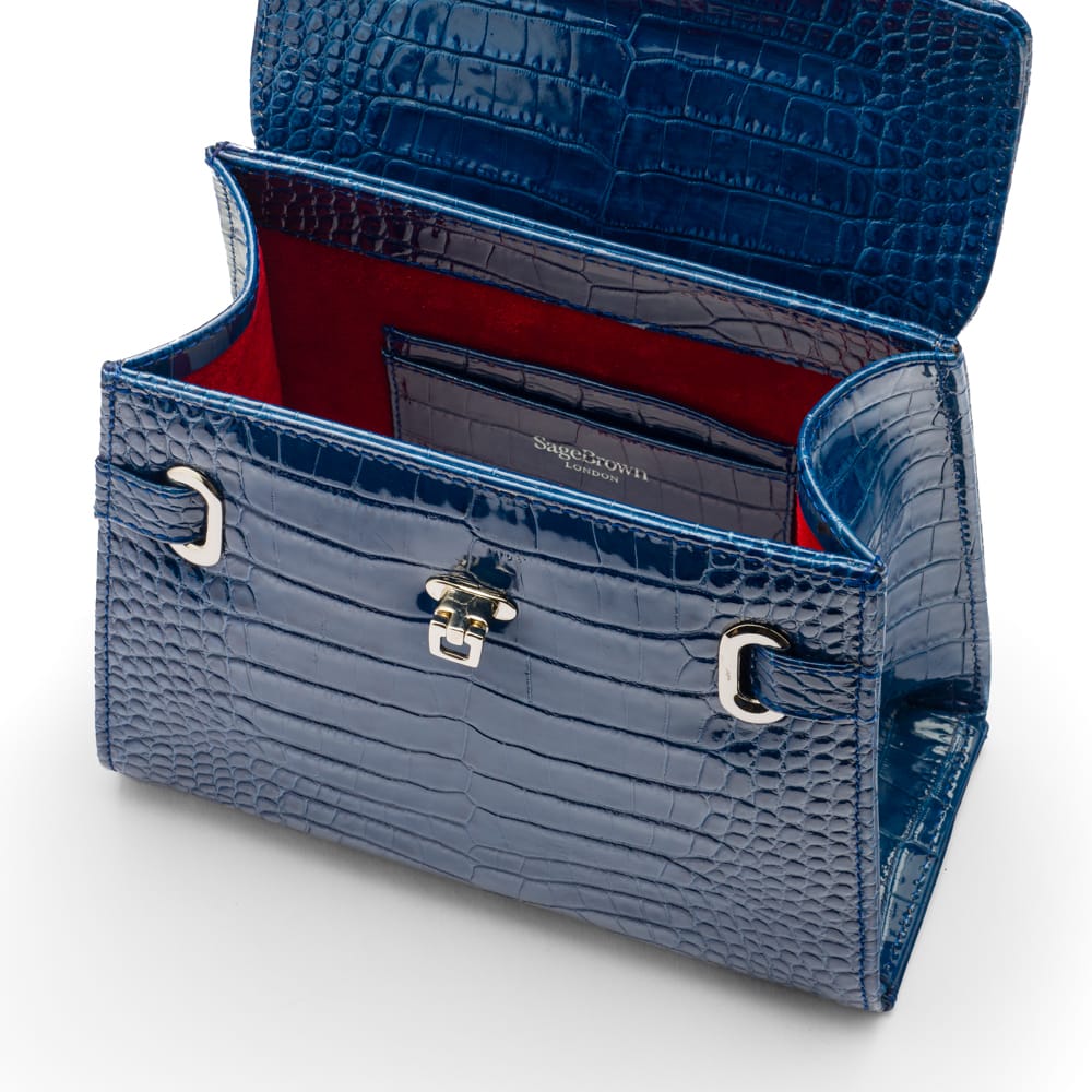 Leather mini Catherine bag, blue patent croc, inside