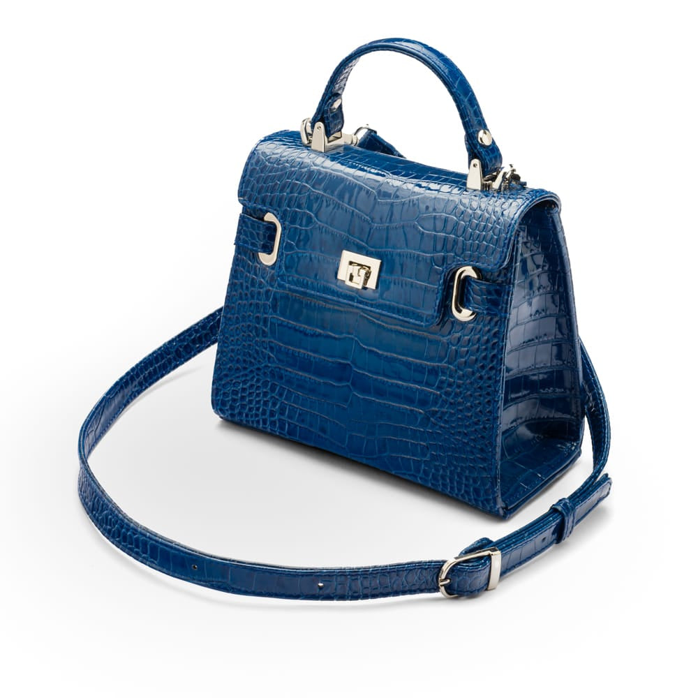 Leather mini Catherine bag, blue patent croc, side