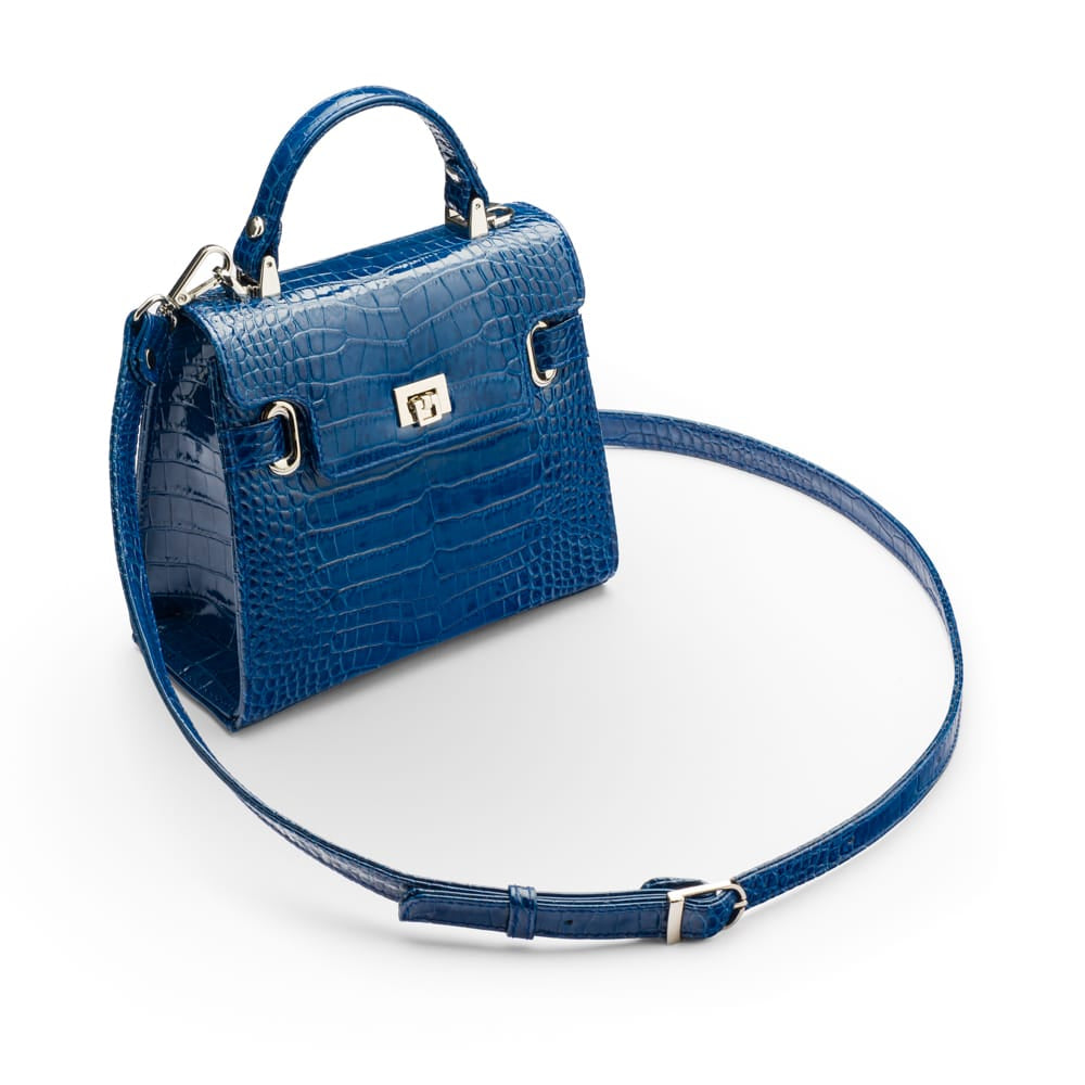 Leather mini Catherine bag, blue patent croc, with detachable shoulder strap