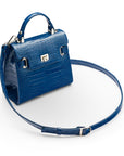 Leather mini Catherine bag, blue patent croc, with detachable shoulder strap