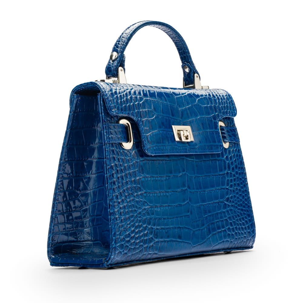 Leather mini Catherine bag, blue patent croc, side view