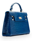 Leather mini Catherine bag, blue patent croc, side view