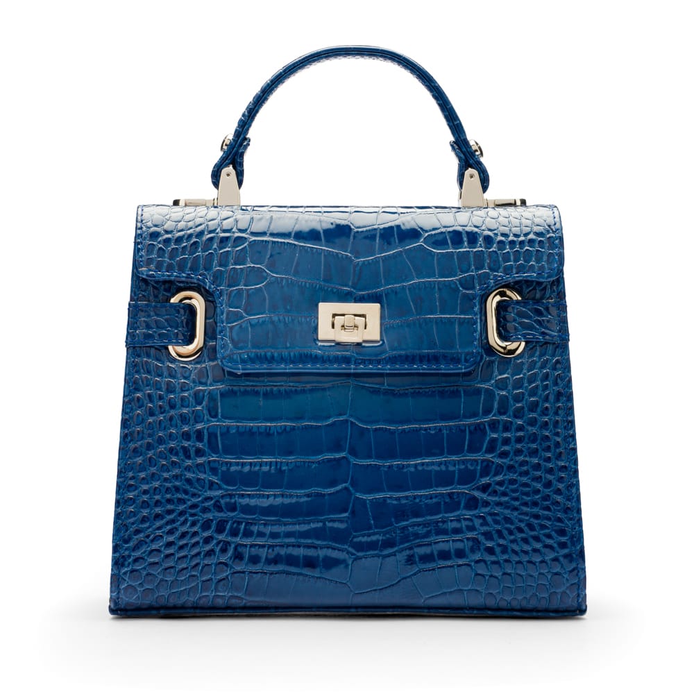 Leather mini Catherine bag, blue patent croc, front
