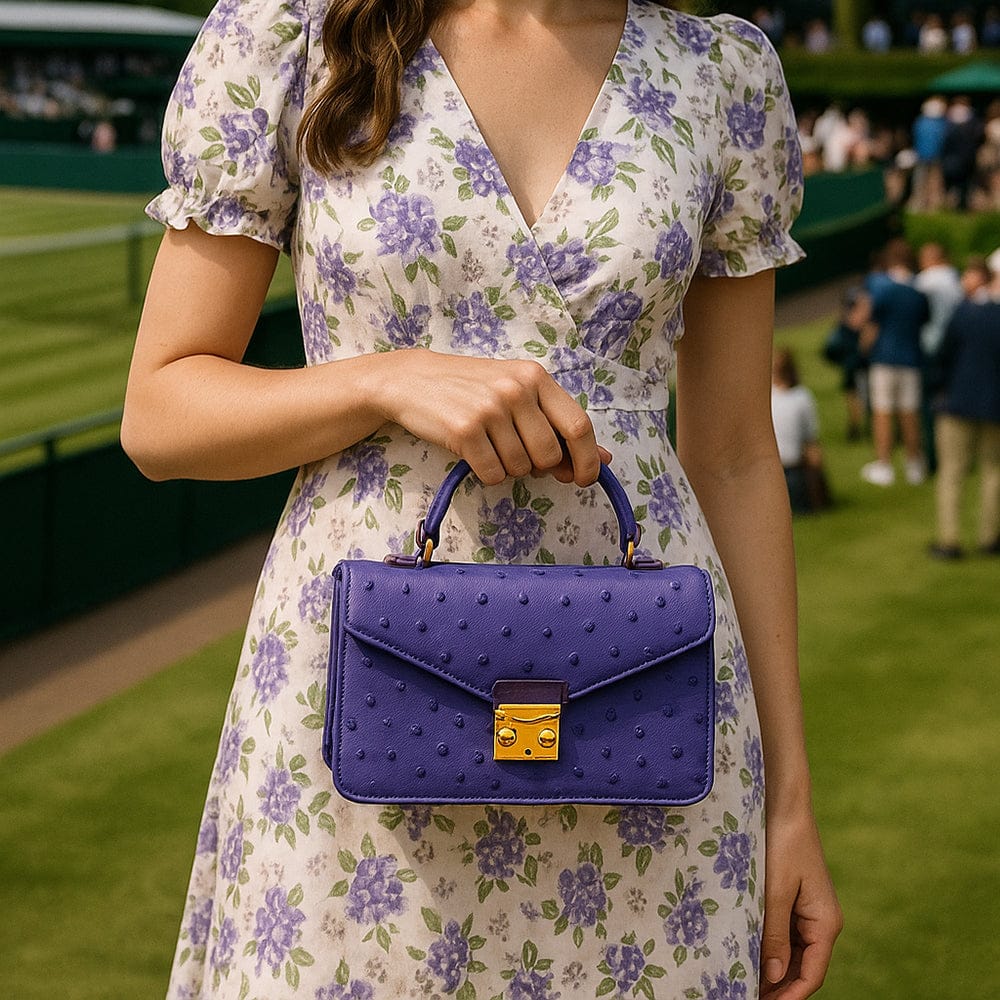 Real ostrich Maya bag, blue ostrich, lifestyle