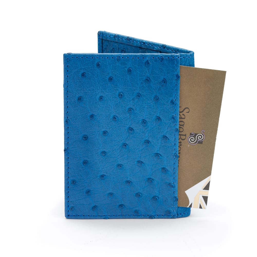 Slim Real Ostrich Leather Bifold Card Wallet with RFID, Blue, back
