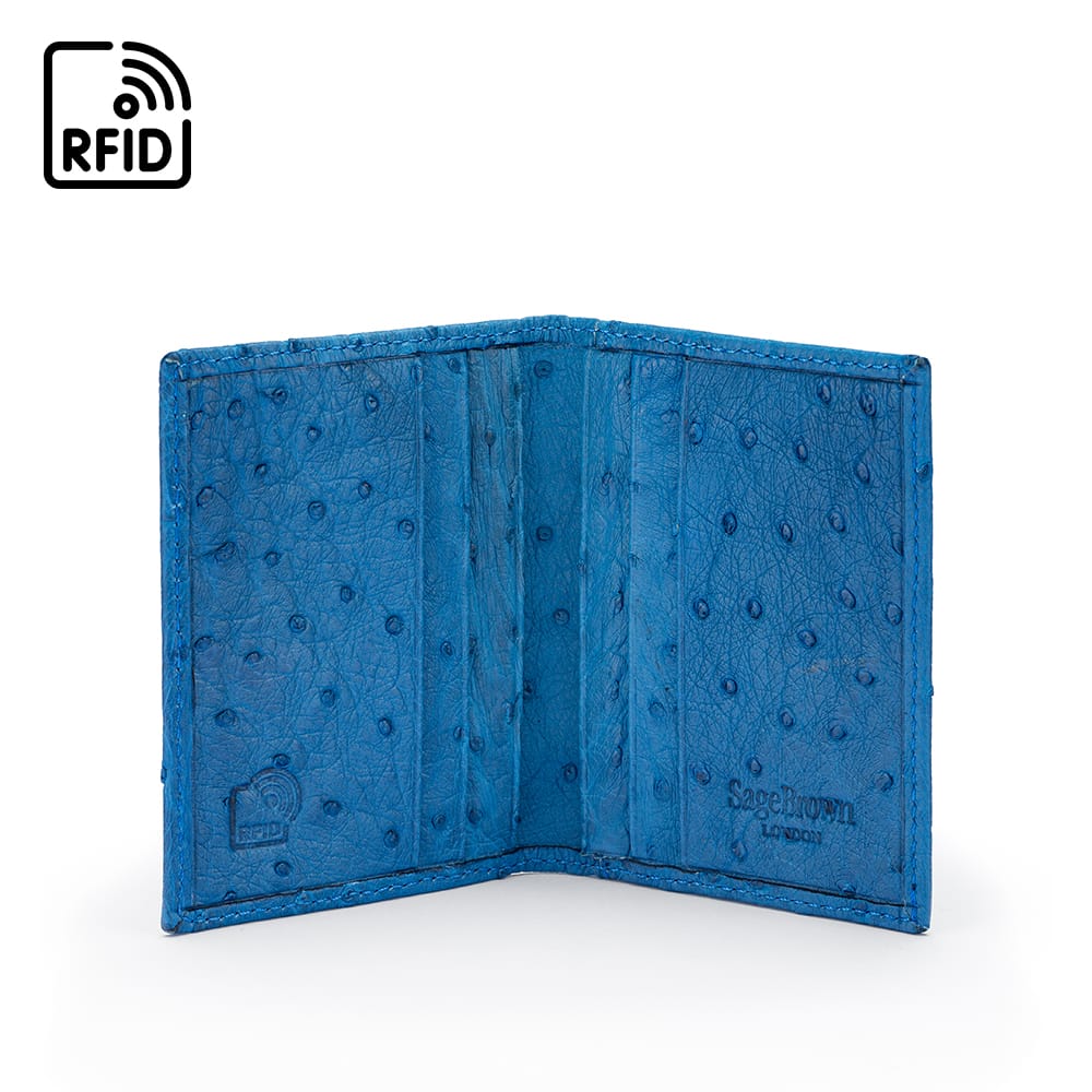Slim Real Ostrich Leather Bifold Card Wallet with RFID, Blue, inside