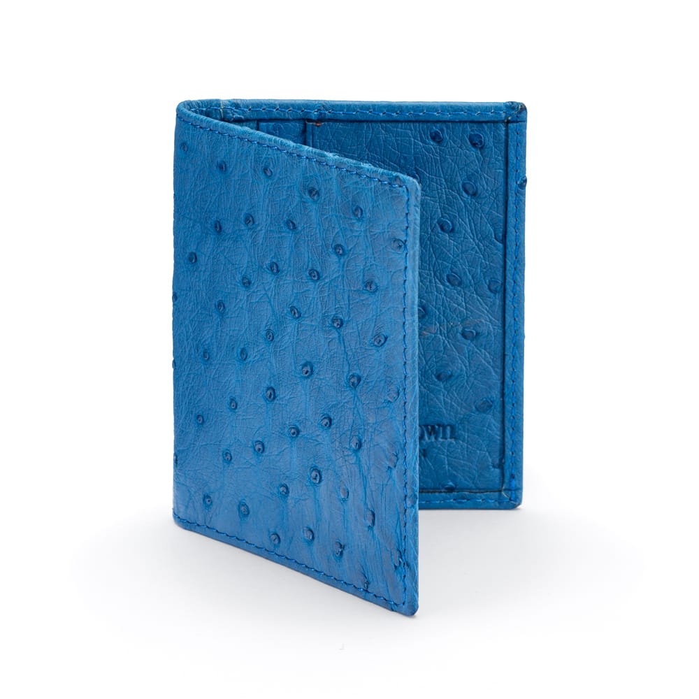 Slim Real Ostrich Leather Bifold Card Wallet with RFID, Blue, front