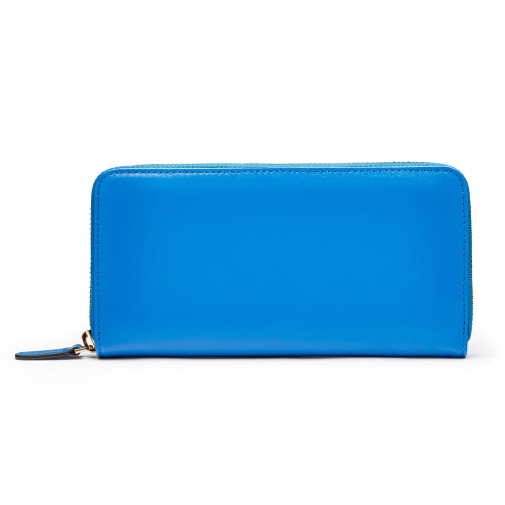 Tall leather zip around accordion purse,  blue, back