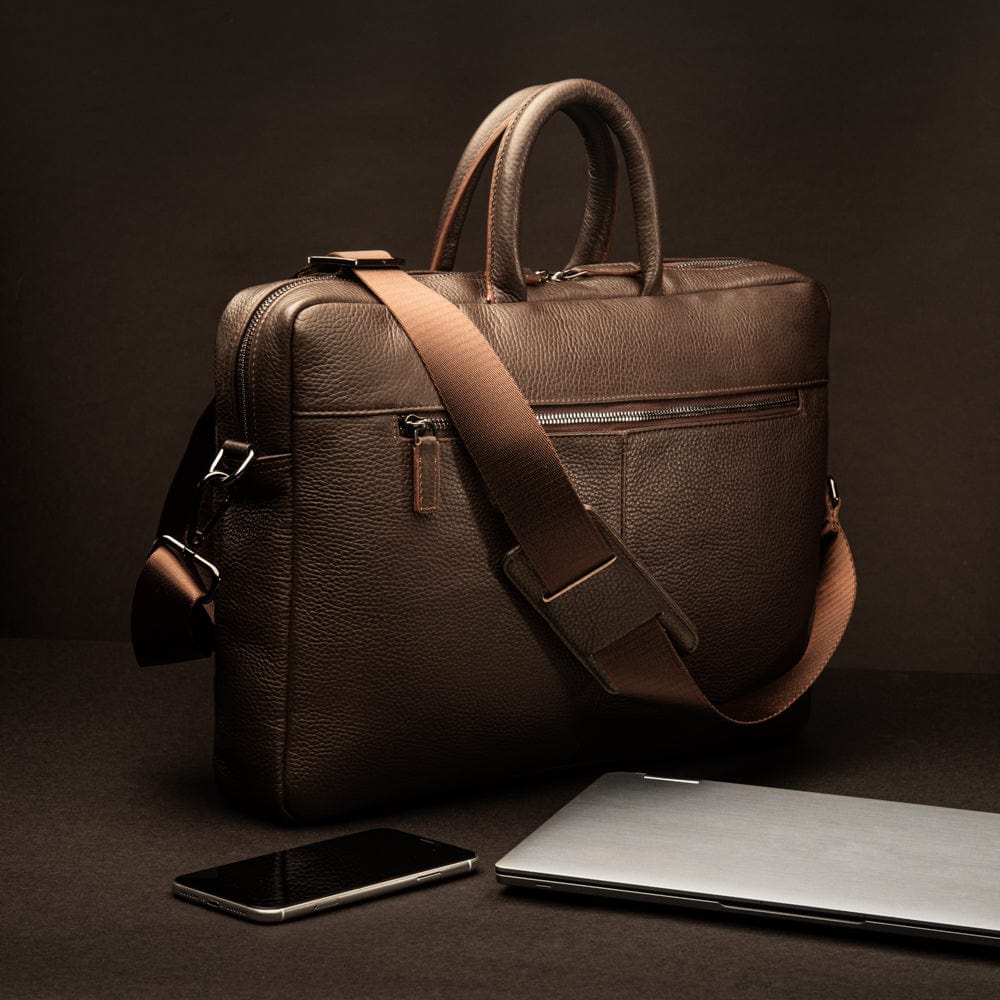 15" slim leather laptop bag, brown, lifestyle