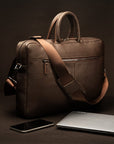 15" slim leather laptop bag, brown, lifestyle