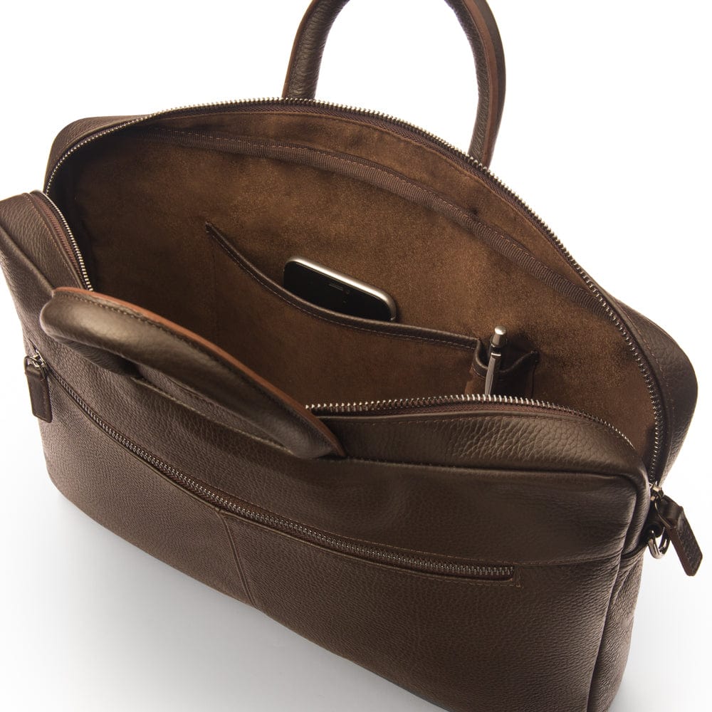 15" slim leather laptop bag, brown, inside