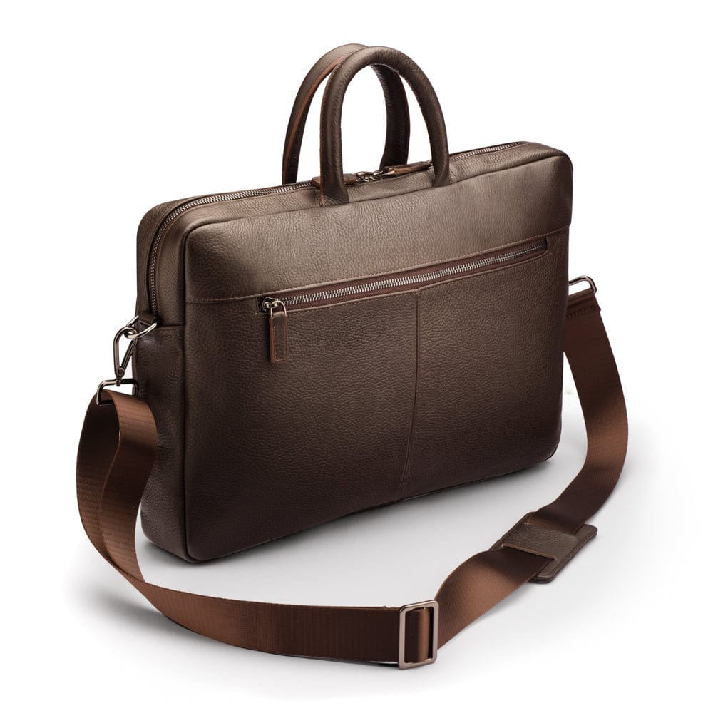 15" slim leather laptop bag, brown, with strap