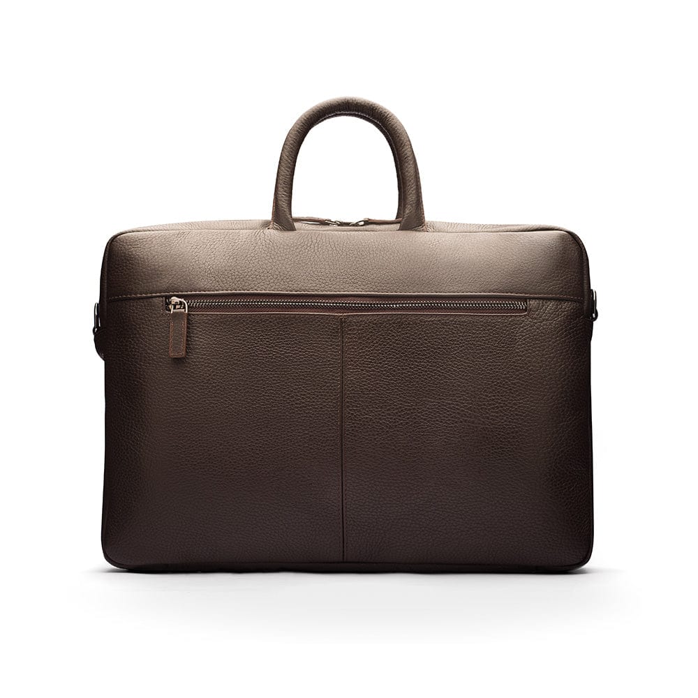 15" slim leather laptop bag, brown, front
