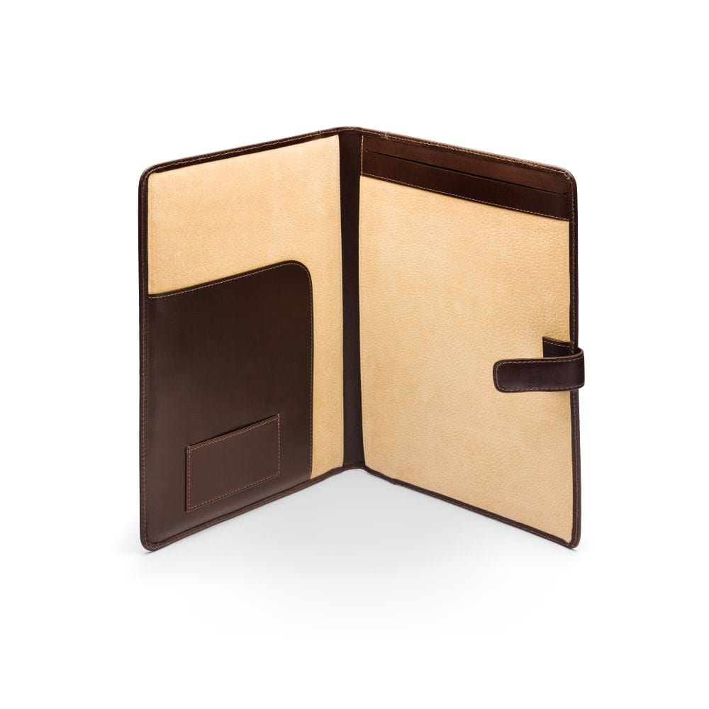 Leather conference folder, brown, open view