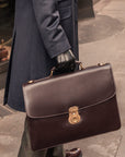 Bridle hide briefcase with brass lock, Harvard, brown bridle , front