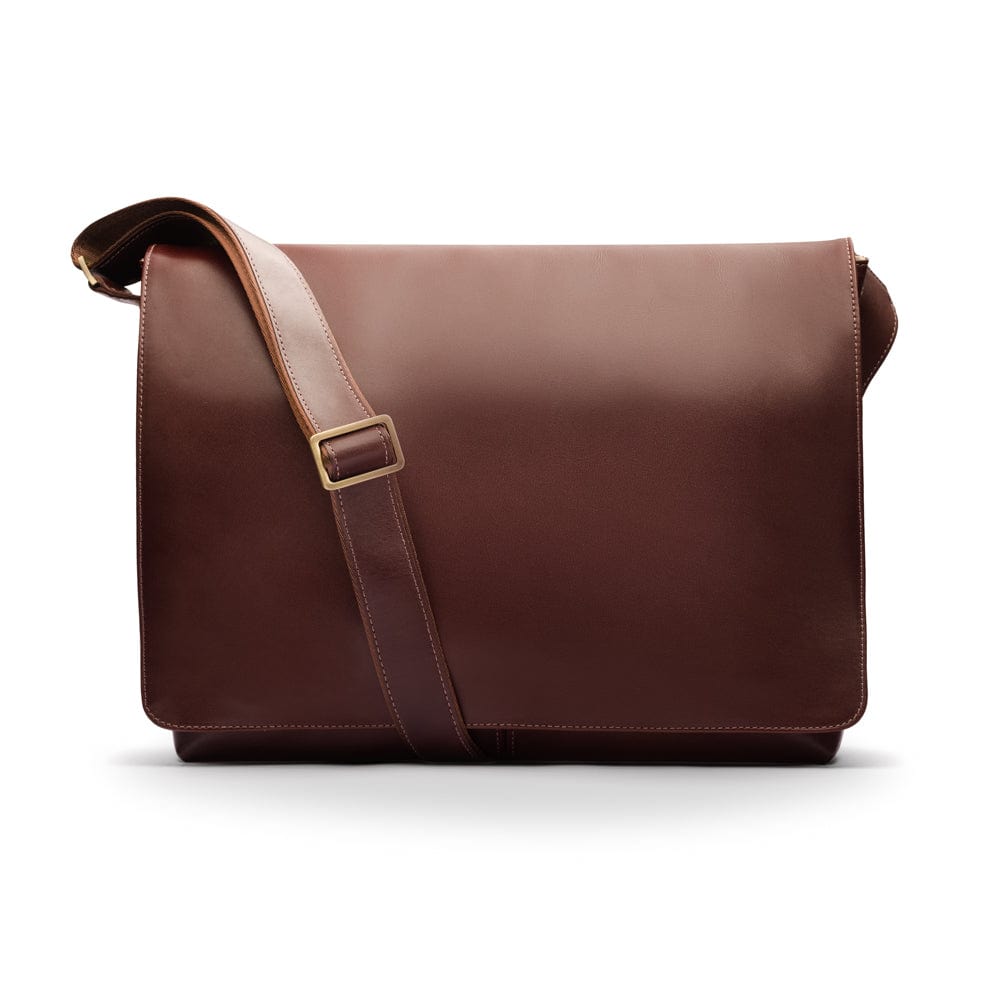 Men's large leather messenger bag, brown, front