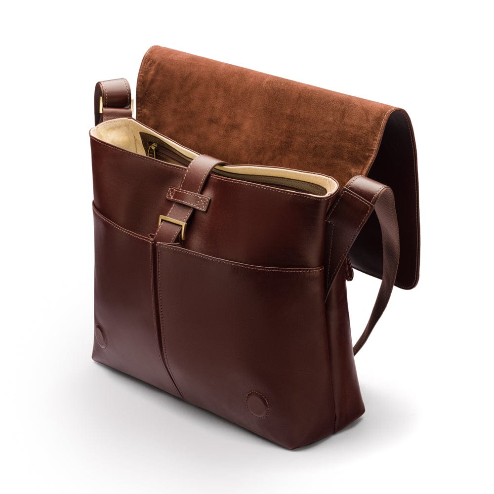 Men's large leather messenger bag, brown, open