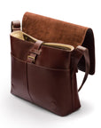 Men's large leather messenger bag, brown, open