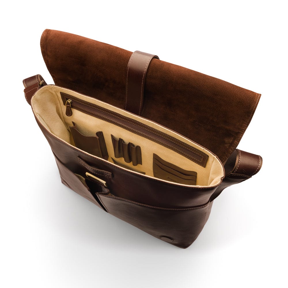 Men's large leather messenger bag, brown, inside