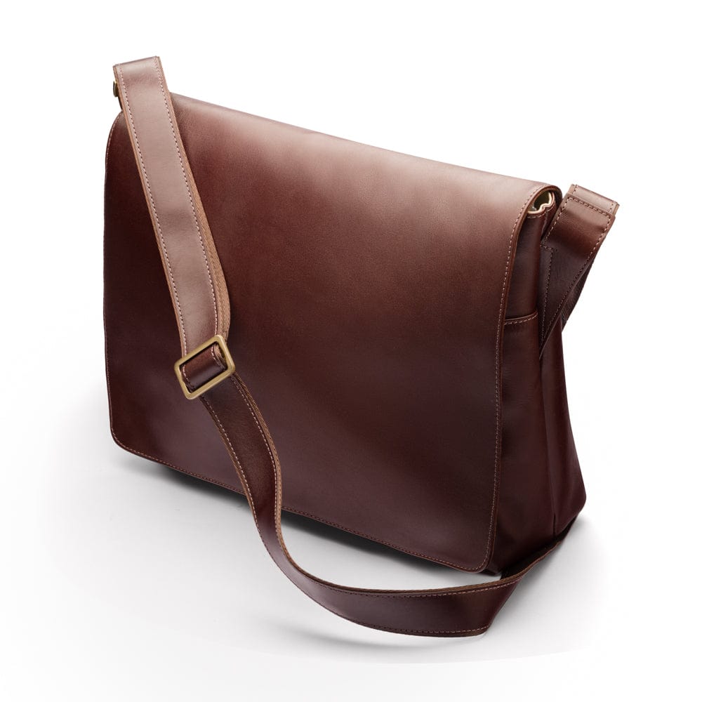 Men's large leather messenger bag, brown, side