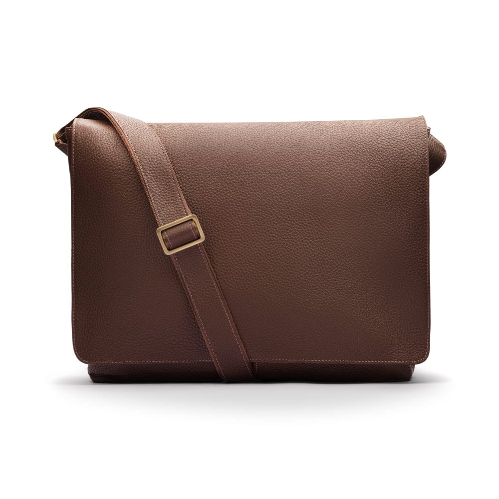 Men's large leather messenger bag, brown pebble grain, front