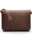 Men's large leather messenger bag, brown pebble grain, front