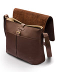 Men's large leather messenger bag, brown pebble grain, open