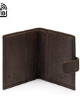 Compact leather RFID billfold wallet with tab, brown, open
