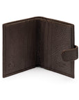 Compact leather RFID billfold wallet with tab, brown, open view