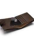Compact leather RFID billfold wallet with tab, brown, inside