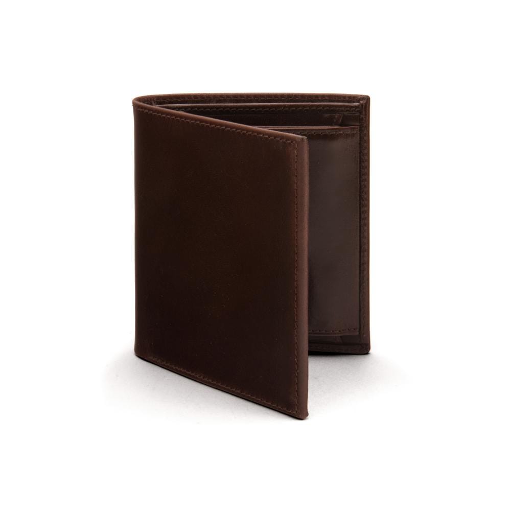 Compact RFID leather wallet with coin purse, brown, front