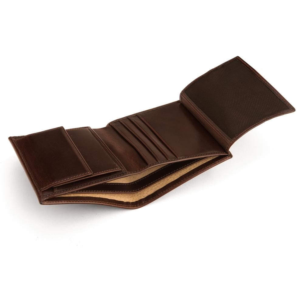 Compact RFID leather wallet with coin purse, brown, inside