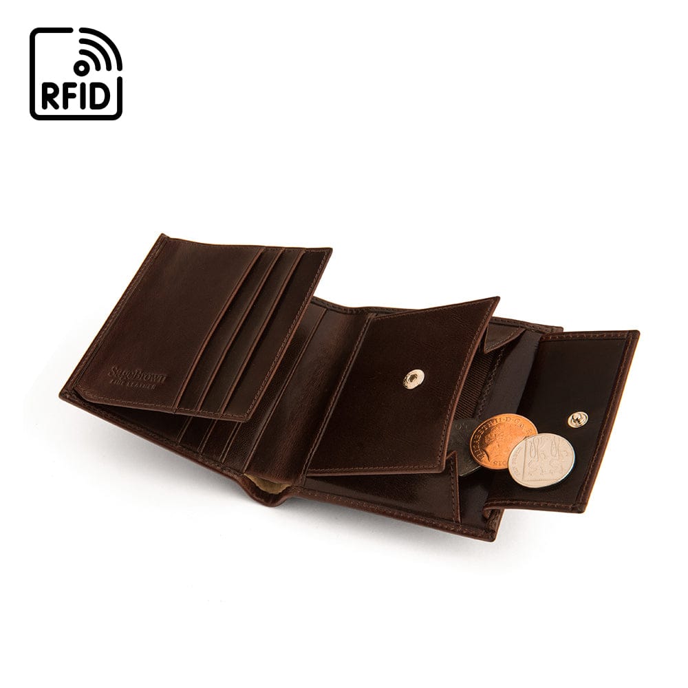 Compact RFID leather wallet with coin purse, brown, open
