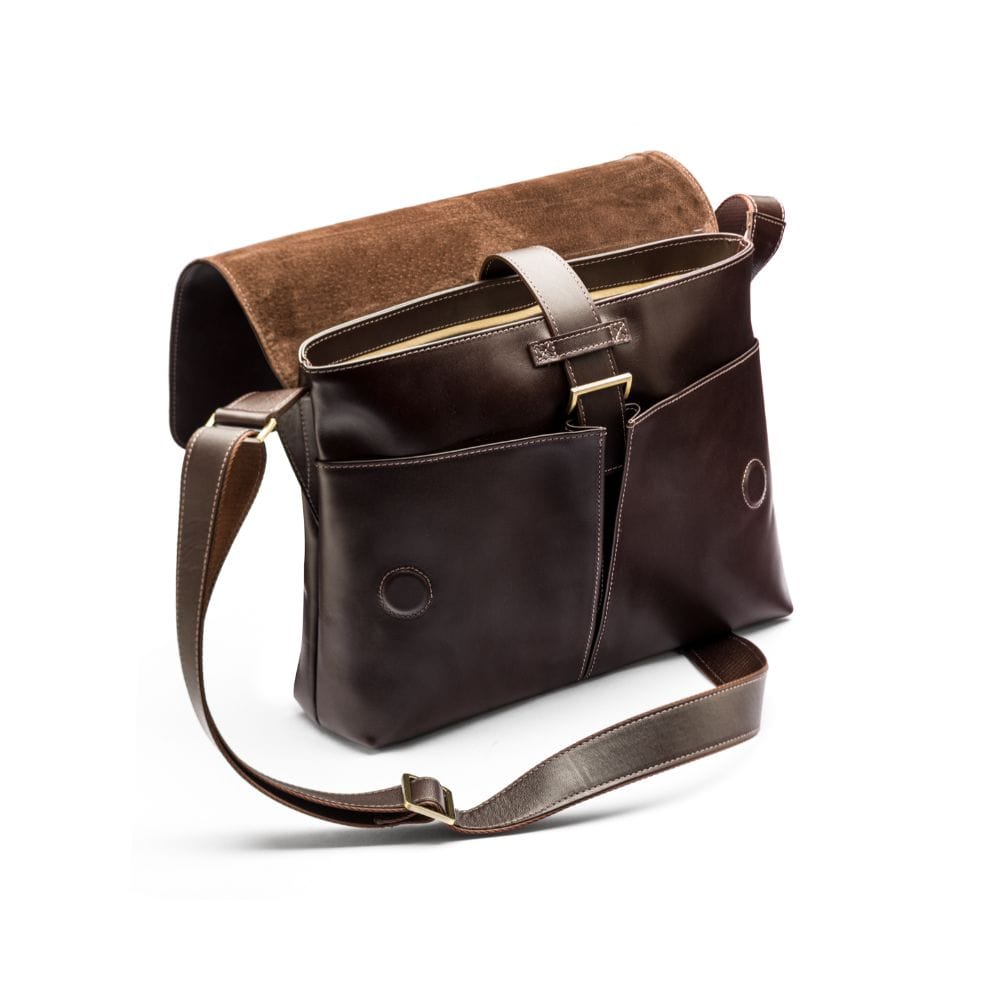 Leather messenger bag, brown, open